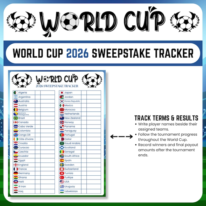 Op de afbeelding: Een World Cup 2026 Sweepstake Tracker met een voetbalafbeelding en de tekst "World Cup". De tracker bevat een lijst met deelnemende landen en instructies om termen en resultaten bij te houden.