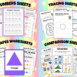 May include: A set of printable worksheets for kids featuring number tracing, shape tracing, and comparison activities. The worksheets include numbers, shapes, and images for children to trace and color.