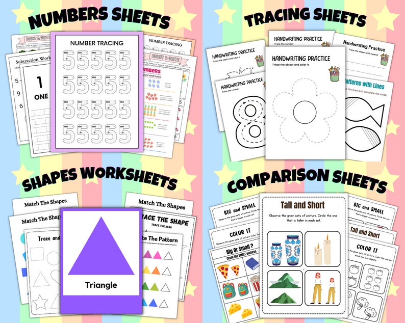 May include: A set of printable worksheets for kids featuring number tracing, shape tracing, and comparison activities. The worksheets include numbers, shapes, and images for children to trace and color.