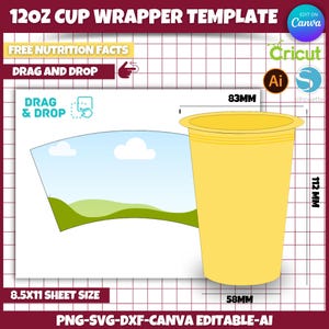 Cup Wrapper Template, 12oz Cup Wrapper Template, Paper Cup Template, Party Favor Template, SVG, Silhouette, Canva, Cricut, instant Download