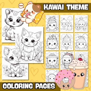 50 páginas para colorear kawaii, páginas para colorear de animales tiernos, libro para colorear de comida, páginas para colorear imprimibles, para niños y adultos / 8.5x11"