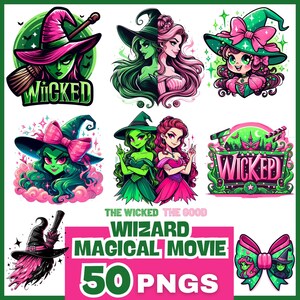 May include: A set of 50 digital illustrations featuring a green and pink colour scheme. The illustrations depict witches, brooms, and the text "Wicked". The text "The Wicked The Good Wizard Magical Movie 50 PNGs" is also included.