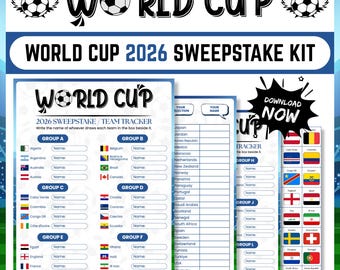 Sweepstakekit WK 2026, afdrukbare voetbalsweepstakes, voetbalkantoorpool, FIFA-toernooitracker, feestactiviteit kijken, quizspel