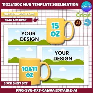 11 & 15oz Bechervorlage, Bechervorlage, Canva bearbeitbare Vorlage, Ziehen und Ablegen, Bechersublimationsvorlage, VG-Datei für Cricut, Silhouette