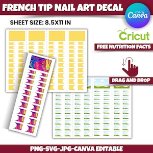 Puede incluir: Una hoja de calcomanías para uñas con una variedad de diseños, que incluyen remolinos abstractos, paisajes y diseños de punta francesa. La hoja mide 8,5 pulgadas por 11 pulgadas y es editable en Canva. El texto "FREE NUTRITION FACTS" y "DRAG AND DROP" también es visible en la hoja.