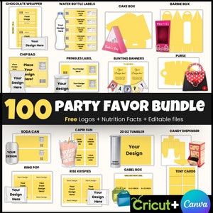 100 Party favor Templates, Party favors, Template Bundle, Chocolate Wrapper Template, Water Bottle Template, Chip Bags Templates, Cake Box