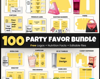 100 Party favor Templates, Party favors, Template Bundle, Chocolate Wrapper Template, Water Bottle Template, Chip Bags Templates, Cake Box