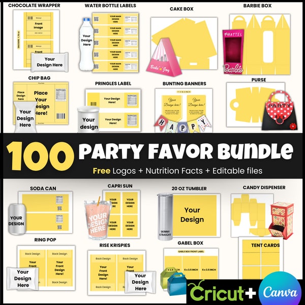 100 Party favor Templates, Party favors, Template Bundle, Chocolate Wrapper Template, Water Bottle Template, Chip Bags Templates, Cake Box