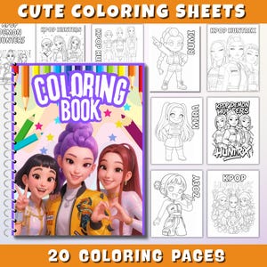 May include: A spiral-bound coloring book with the title "COLORING BOOK" in large, colorful letters. The cover features three smiling figures. Surrounding the book are smaller coloring pages with K-pop themed illustrations. The text "20 COLORING PAGES" is at the bottom.