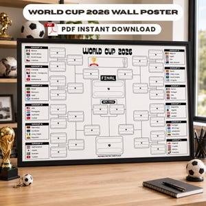 May include: A black-framed wall poster featuring a World Cup 2026 tournament bracket. The white poster displays groups A through L with national flags and country names, a central knockout stage layout, and the text World Cup 2026, Final, and Semi Finals.