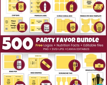 500+ Party Favor Templates Bundle: Chip Bag, Labels (Canva Editable)