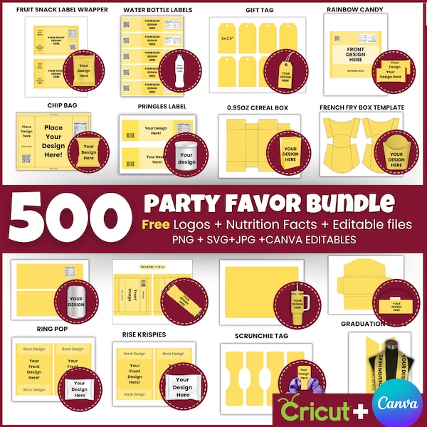 500+ Party Favor Templates Bundle, Party Favors, Chip Bag Templates, Water Bottle Labels, Shoe Box Template, Nutrition Facts, Canva Editable