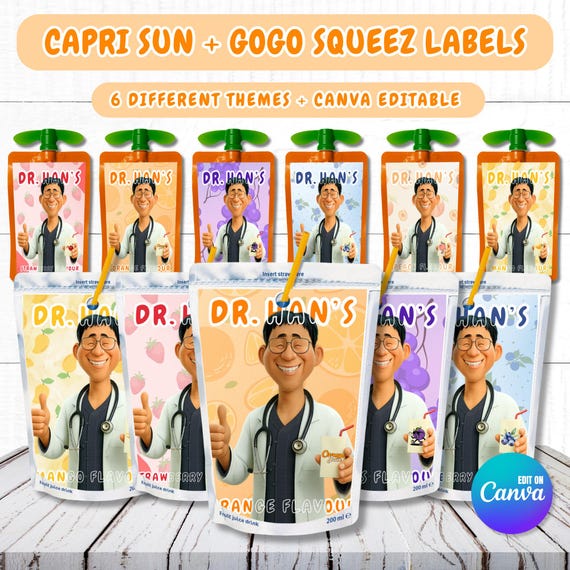Kpop Demon Hunters, Dr. Han's Tonic Drink Wrapper, 6 GoGo SqueeZ + Caprisun juice Labels, Cosplay huntrix Kpop party Printables lables