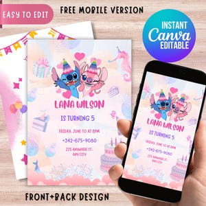 Stitch and Angel Birthday Invitation: Editable & Printable Template – Beautiful Invitation for Your Little One's Birthday, Editable in Canva