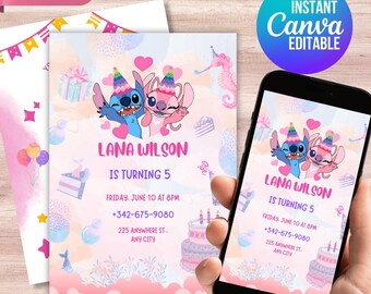 Stitch and Angel Geburtstagseinladung: Bearbeitbare Canva-Vorlage (Digitaler Download)