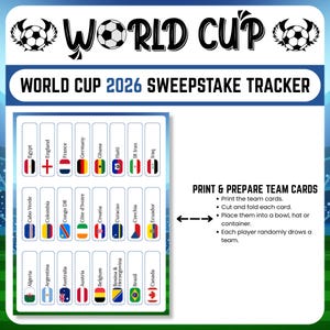 Op de afbeelding: Een World Cup 2026 sweepstake tracker met teamkaarten met vlaggen van deelnemende landen. Het ontwerp bevat voetballen en instructies voor het afdrukken en voorbereiden van de kaarten voor een sweepstake-spel.