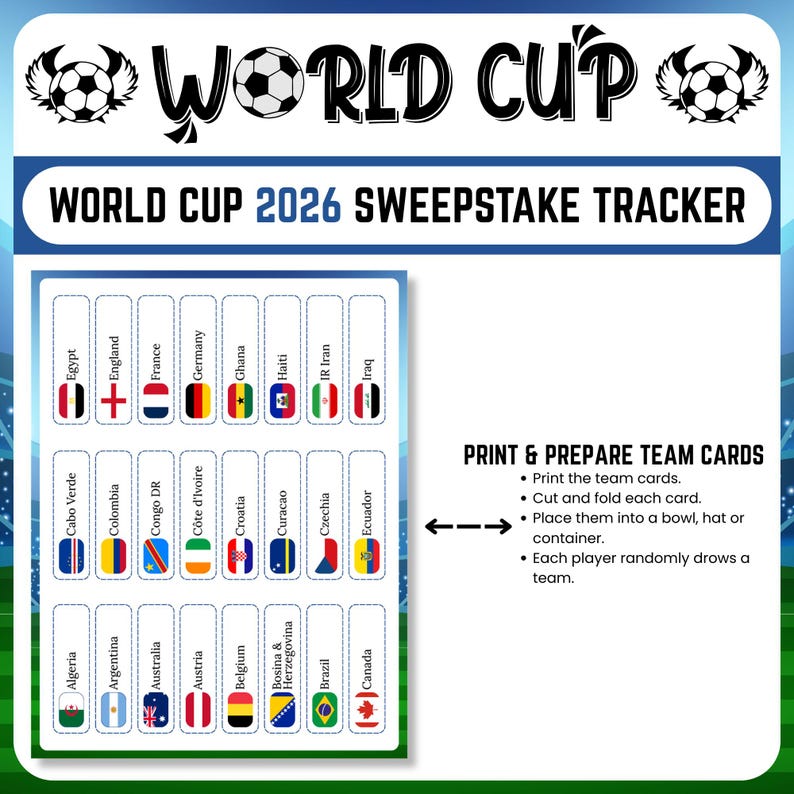 Op de afbeelding: Een World Cup 2026 sweepstake tracker met teamkaarten met vlaggen van deelnemende landen. Het ontwerp bevat voetballen en instructies voor het afdrukken en voorbereiden van de kaarten voor een sweepstake-spel.