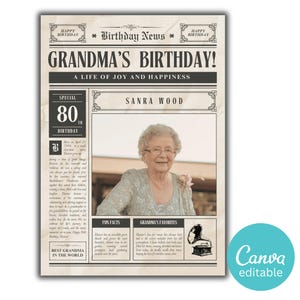80歳の誕生日新聞Canvaテンプレート、印刷可能な80歳の誕生日パーティーの装飾、おばあちゃんやおじいちゃんへのプレゼント、Canvaで編集可能、すぐにダウンロード