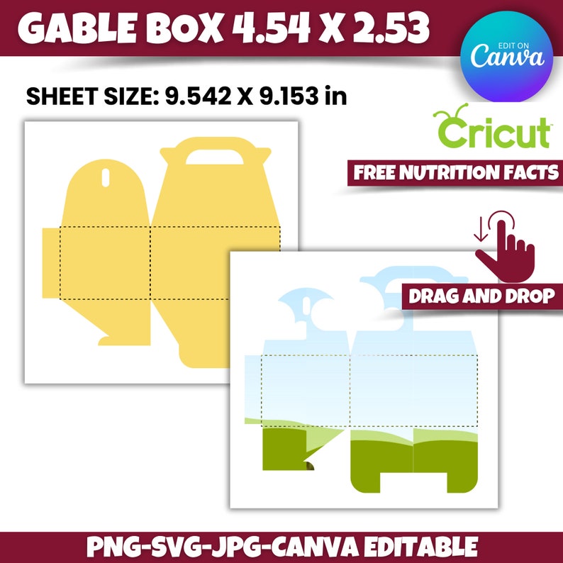 K&ouml;nnte beinhalten: Eine druckbare Vorlage f&uuml;r eine Klappbox mit Griff. Die Box ist 4,54 Zoll mal 2,53 Zoll gro&szlig; und die Blattgr&ouml;&szlig;e betr&auml;gt 9,542 Zoll mal 9,153 Zoll. Die Vorlage ist in Canva bearbeitbar.