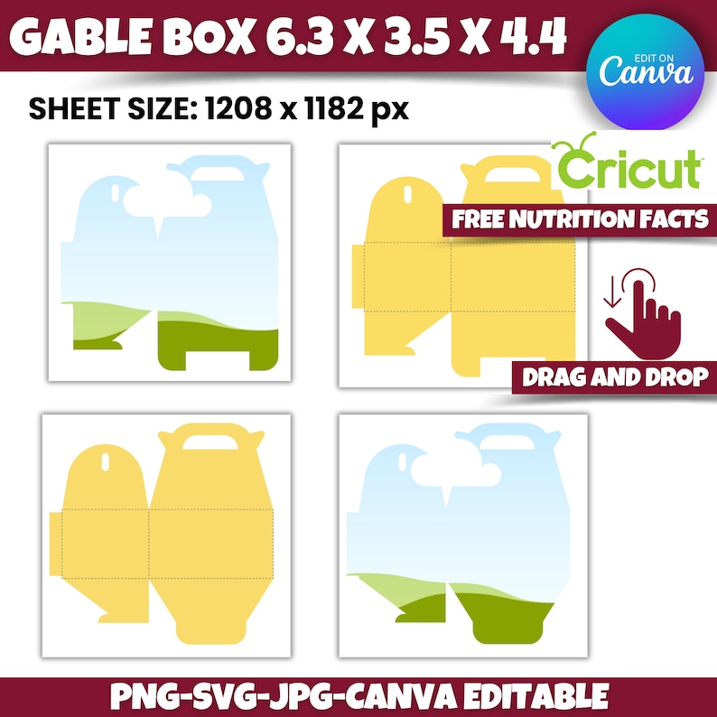 K&ouml;nnte beinhalten: Eine druckbare Vorlage f&uuml;r eine Klappbox mit Landschaftsdesign. Die Box ist 16 cm x 9 cm x 11 cm gro&szlig;. Die Vorlage ist in Canva bearbeitbar und enth&auml;lt Anweisungen zum Zusammenbauen.