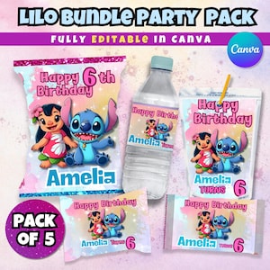 Stitch Angel Chip Bag, Stitch Angel Party Favors, Lilo and Stitch Birthday Party favors, Stitch Water bottle label, Drag and Drop Canva Edit