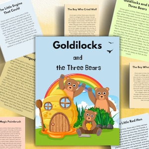 May include: A colorful illustration of Goldilocks and the Three Bears. The image features a rainbow, a gingerbread house, and three bears. The text "Goldilocks and the Three Bears" is written in large, bold letters.