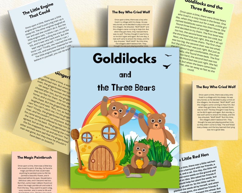 May include: A colorful illustration of Goldilocks and the Three Bears. The image features a rainbow, a gingerbread house, and three bears. The text "Goldilocks and the Three Bears" is written in large, bold letters.