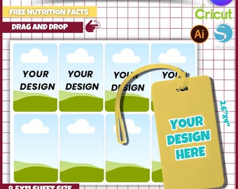 Puede incluir: Una plantilla de etiqueta de equipaje imprimible con fondo amarillo y el texto "YOUR DESIGN HERE". La plantilla mide 2,6 pulgadas por 4 pulgadas y está diseñada para imprimirse en una hoja de papel de 8,5 por 11 pulgadas. La plantilla incluye un diseño con cielo azul, nubes blancas y hierba verde.