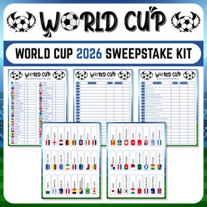 Op de afbeelding: Een World Cup 2026 Sweepstake Kit met trackerbladen, regelbladen en vlagstickers. De kit bevat bladen voor het volgen van resultaten en een lijst met deelnemende landen. Het ontwerp toont voetballen en de tekst "World Cup".