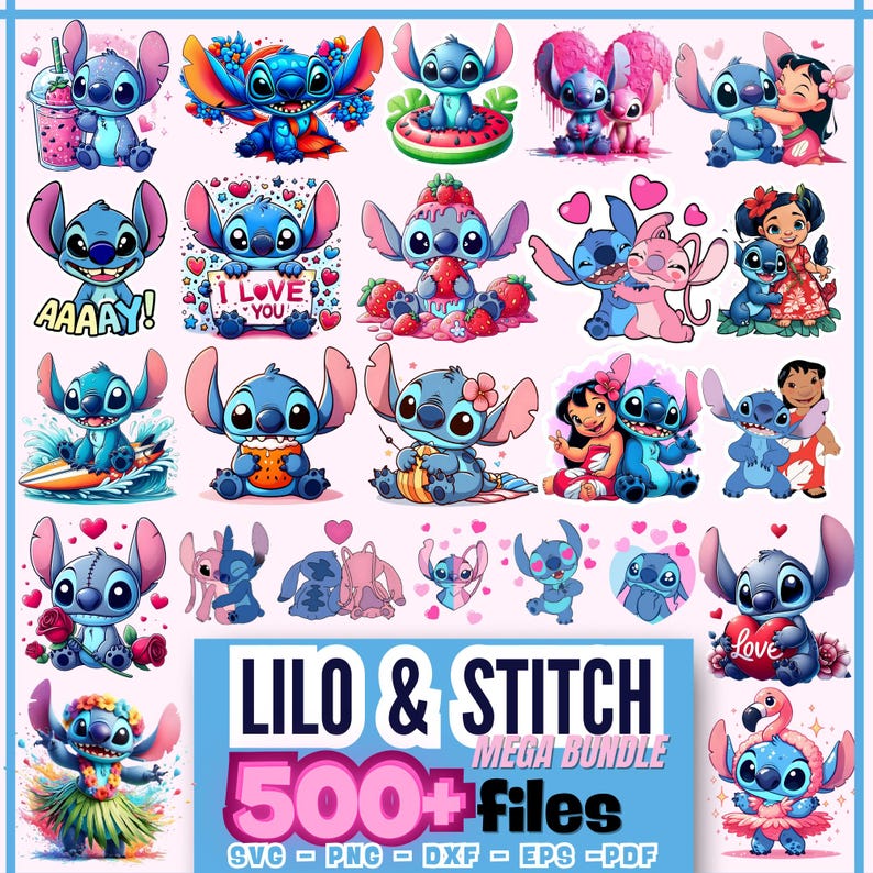May include: A digital download bundle of 500+ files featuring Stitch and Lilo from the Disney movie Lilo & Stitch. The images feature Stitch in various poses and expressions, including Stitch holding a surfboard, Stitch holding a cookie, Stitch holding a flower, Stitch holding a heart, Stitch holding a pink flamingo, Stitch with Lilo, and Stitch with Angel. The images are in a cartoon style and are perfect for crafting, scrapbooking, and other creative projects.