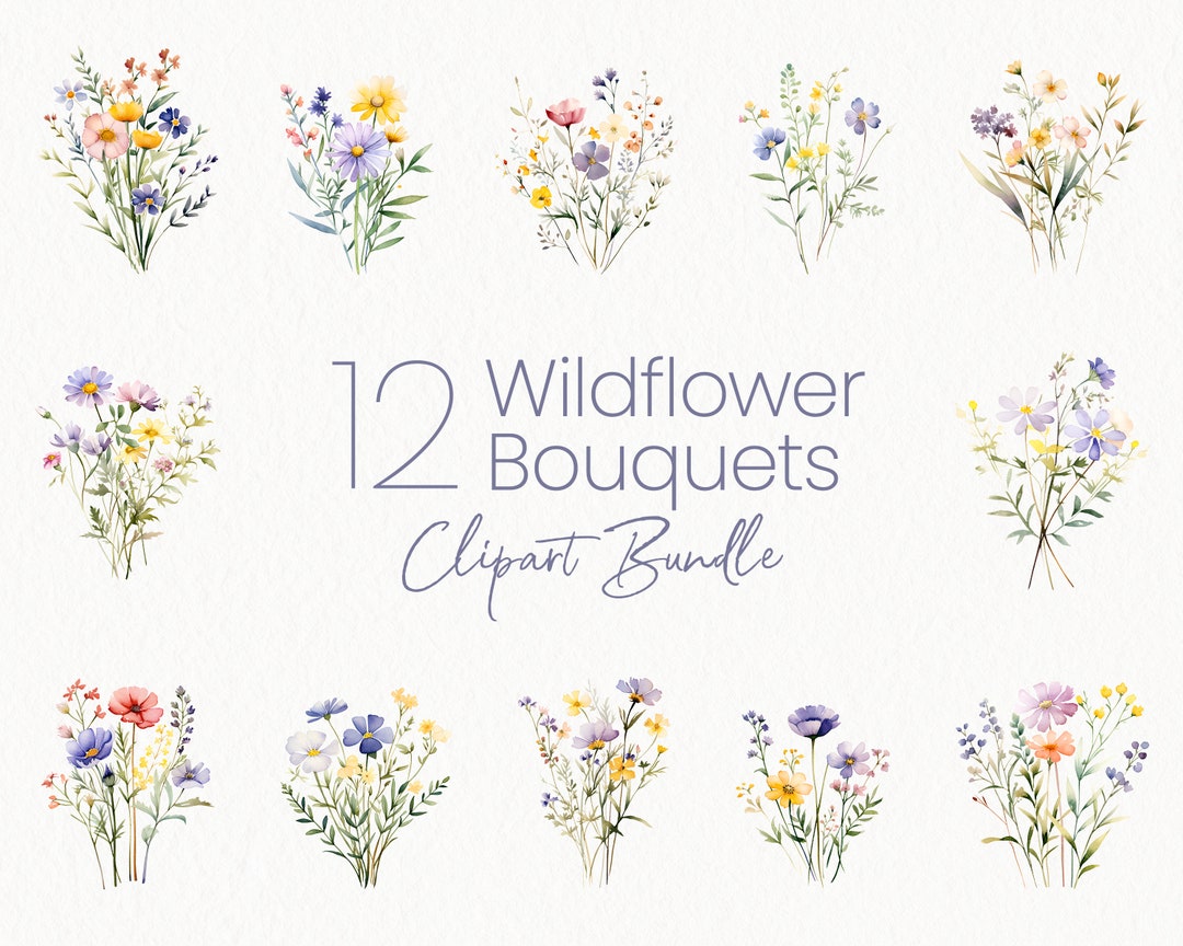 Wildflower Bouquet Clipart, Wildflower Clipart Bundle, Watercolor