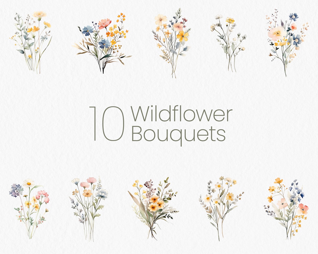 Wildflower Bouquet Clipart, Wildflower Clipart Bundle, Watercolor ...