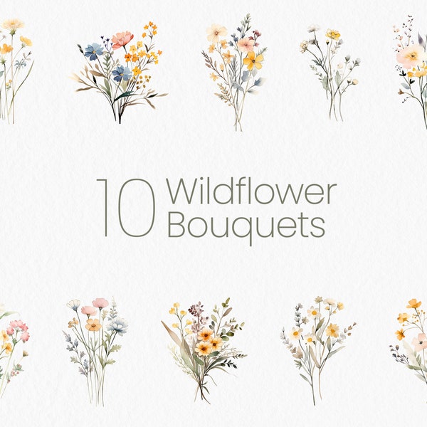 Wildflower Bouquet Clipart, Wildflower Clipart Bundle, Watercolor Clipart, Transparent PNG, Wildflower Wedding Clipart, Minimalist Flowers