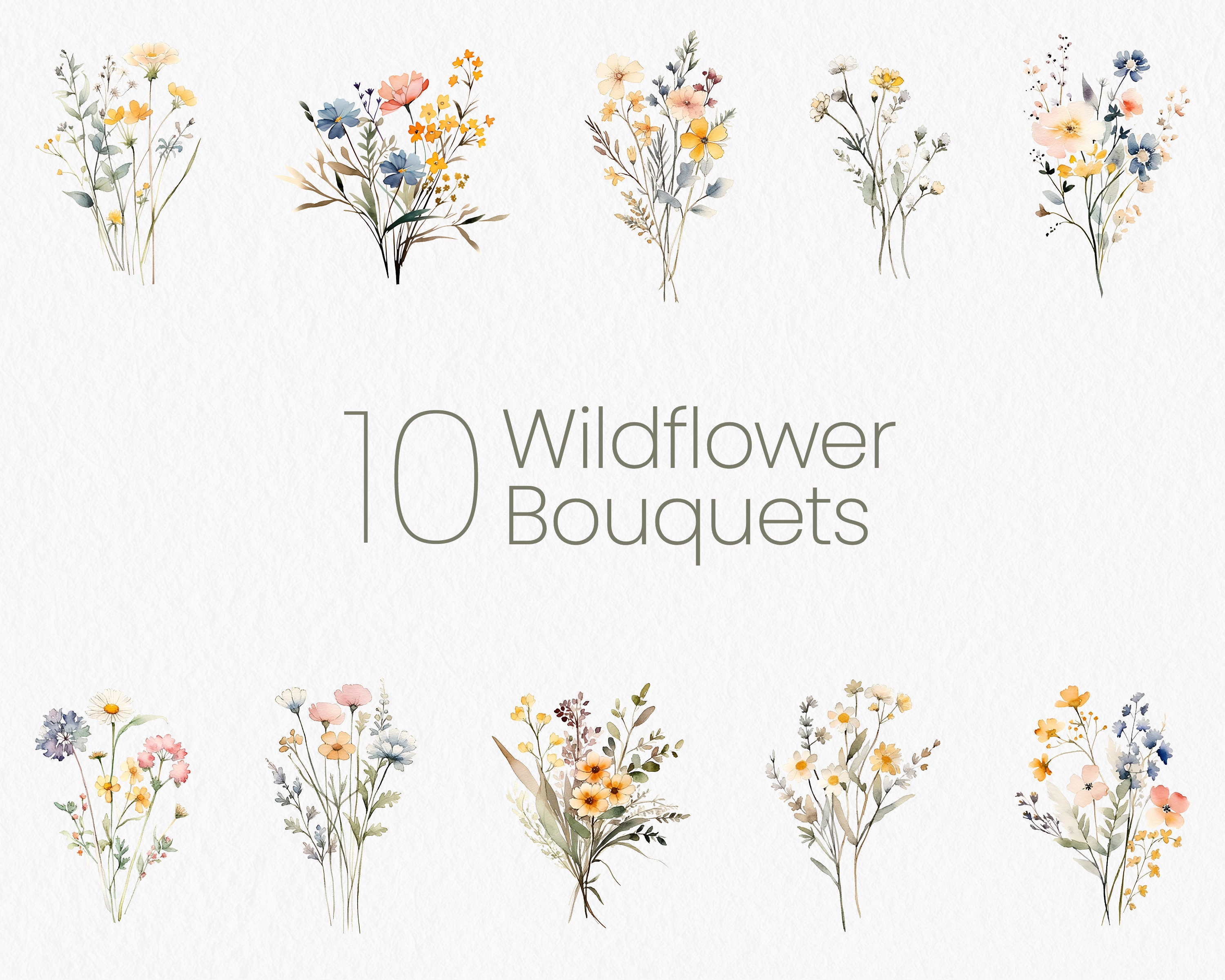 Wildflower Bouquet Clipart, Wildflower Clipart Bundle, Watercolor