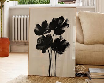 Abstract Flower Wall Art | Minimal Black Brush Printable, Modern Botanical Digital Poster, Contemporary Decor