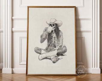 スケルトンカウガールコーヒーアートプリント：レトロウエスタンゴシックインテリア（デジタルダウンロード）