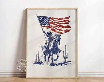 American Flag Cowboy Print: Vintage Western Americana Art (Digital Download