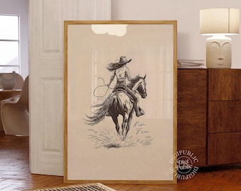Arte de pared de vaquera/imprimible del oeste, póster digital de cabalgata libre, decoración rústica campestre