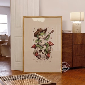 Impressão artística de sapo cowboy: sapo banjo excêntrico em uma caveira (download digital)