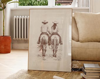 Arte de pared de pareja de vaqueros a caballo, dibujo lineal de compañeros de equitación del oeste, decoración rústica de rancho imprimible