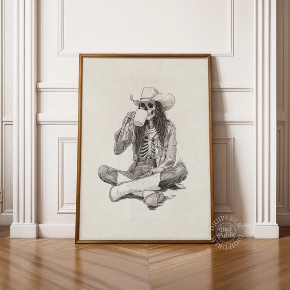 Skeleton Cowgirl Coffee Art Print: Retro Western Gothic Decor (Digital Download)