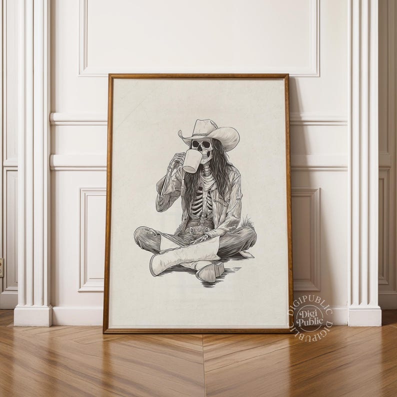 Detailed black-and-white illustration of a skeleton cowgirl in a hat and boots, sitting cross-legged while drinking coffee, rustic gothic western style.