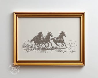 Wild Horses Wall Art | Vintage Western Print, Minimal Country Decor (Digital Download)