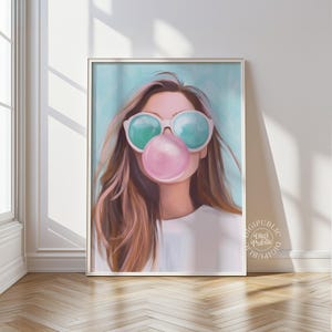 Pop Art Girl Wall Art | Chewing Gum Portrait Print, Modern Colorful Aesthetic, Teen Room Digital Poster