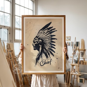Vintage Indian Chief Wall Art | Rustic Ink Splatter Western Decor, Southwestern Cowboy Print, Wild West Poster