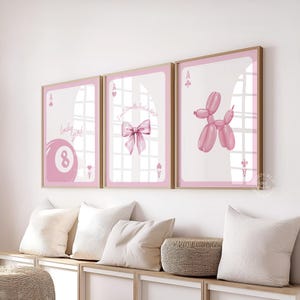 Juego de 3 impresiones de arte mural "Lucky Girl": pósteres de cartas de as rosa, lámina "Just a Girl" de Coquette, decoración de perro con globos, descarga digital moderna
