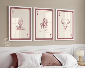 Western Playing Card Art Prints: Cowboy, Cactus, Bull Skull (Digital Download Set of 3)
