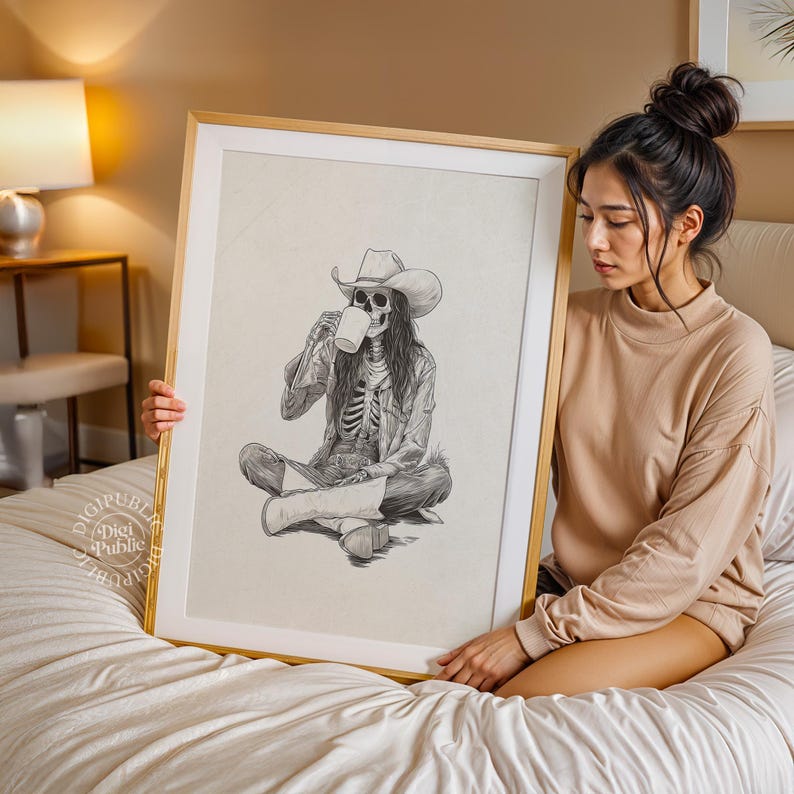 May include: Framed art print featuring a detailed pencil sketch of a skeleton wearing a cowboy hat, drinking from a mug. The artwork is set against a neutral background, framed in a light wood. The skeleton is seated, with long hair and cowboy boots.