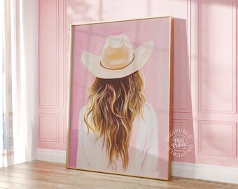 Lámina artística de vaquera rosa: decoración de rodeo bohemia de chica del oeste (descarga digital)