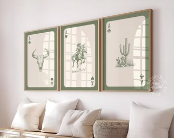 Western Playing Card Art Prints: Cowboy, Cactus, Bull Skull (Digital Download Set of 3 )